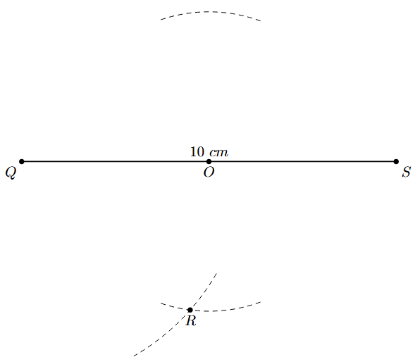 Step 4: Arc from Q of 6 cm intersects an arc from O to locate point R.